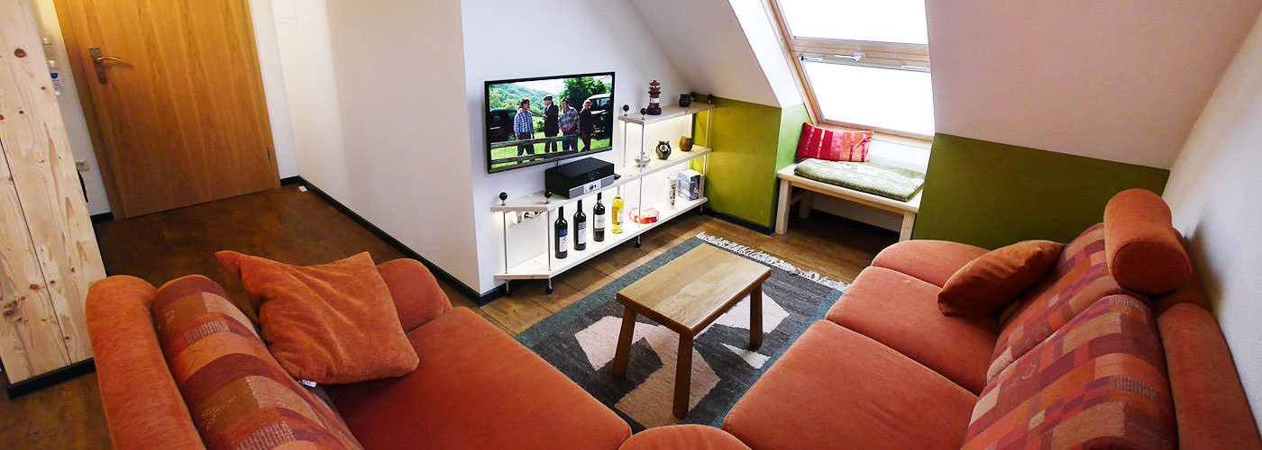 Gemütliche Sitzecke der Ferienwohnung Jolle in Carolinensiel mit Sofa und Dachfenster